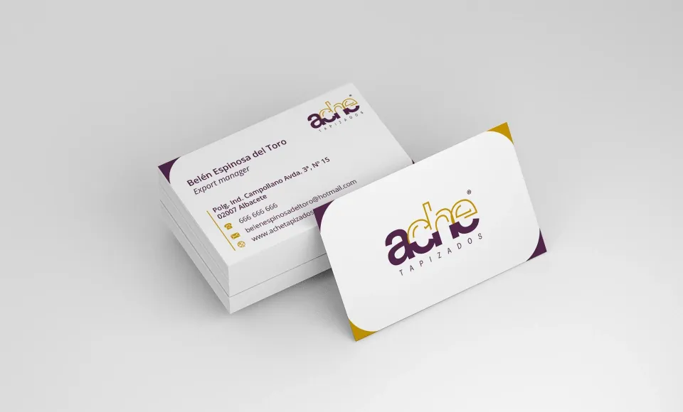 Ache business cards with the purple-and-mustard logo and the job title 'Export manager'