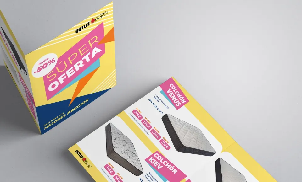 Yellow-and-pink leaflet advertising a '50% off' sale from a mattress outlet