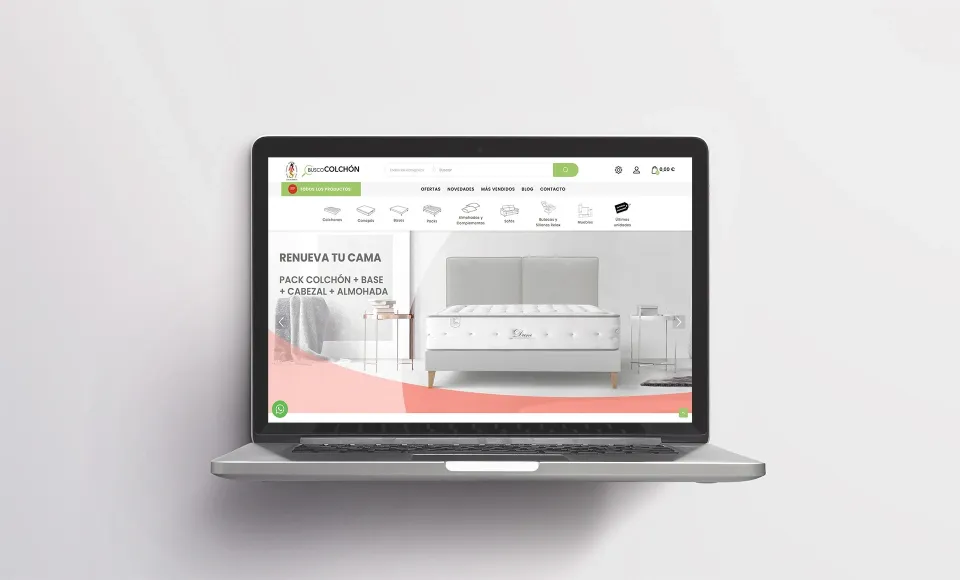 ALS Colchonerías' website on a laptop with the 'Renew your bed' banner and a headboard bed