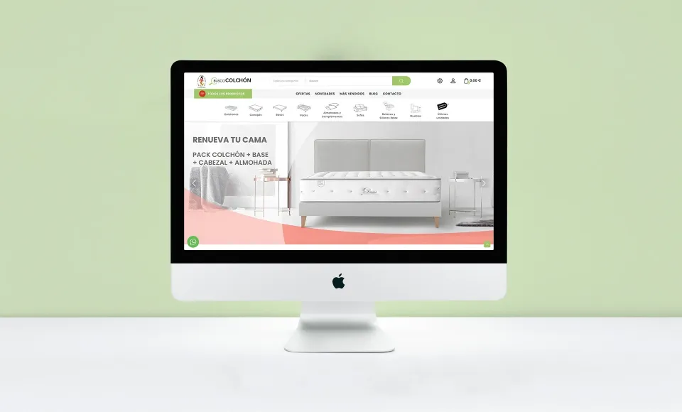 ALS Colchonerías' website on an iMac with the 'Renew your bed' banner on a green background