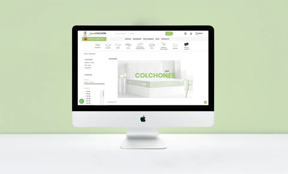 ALS Colchonerías' website on an iMac showing the 'Mattresses' category with search filters