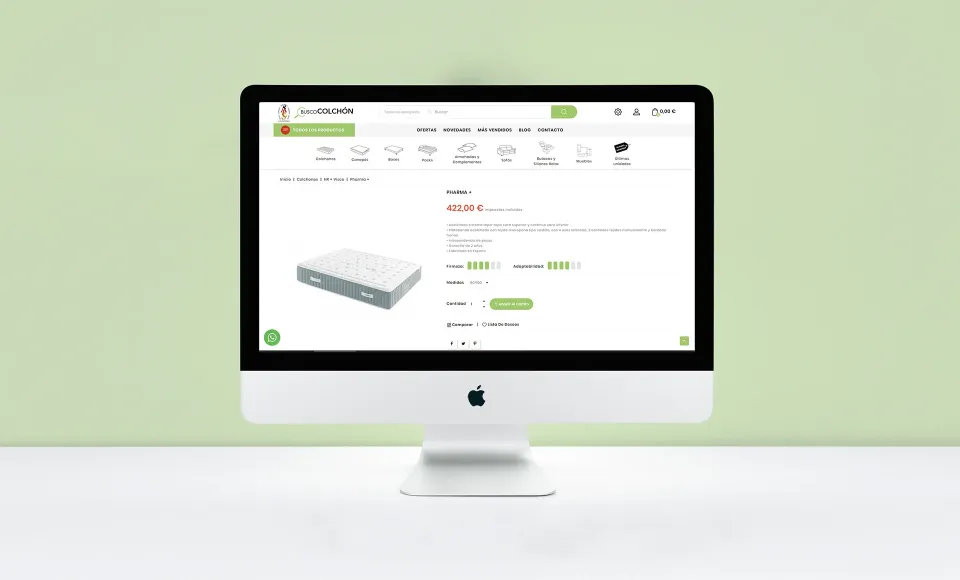 ALS Colchonerías' website on an iMac showing a bed base product page with its price in euros