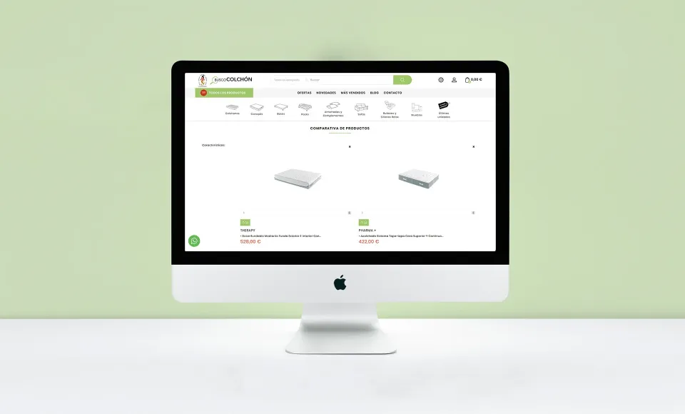 ALS Colchonerías' website on an iMac comparing two bed bases with their prices