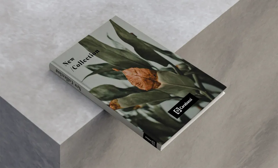 Mock-up of Carabassi's 'New Collection' catalogue with a photo of green leaves