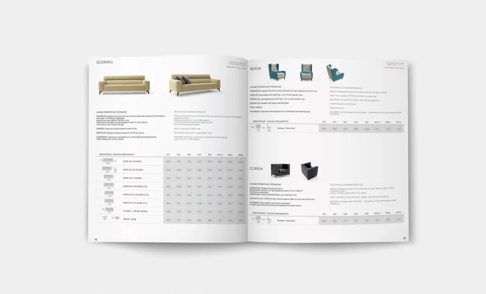Doble página de fichas técnicas del catálogo de Emedos con sofás, sillones y tablas de medidas