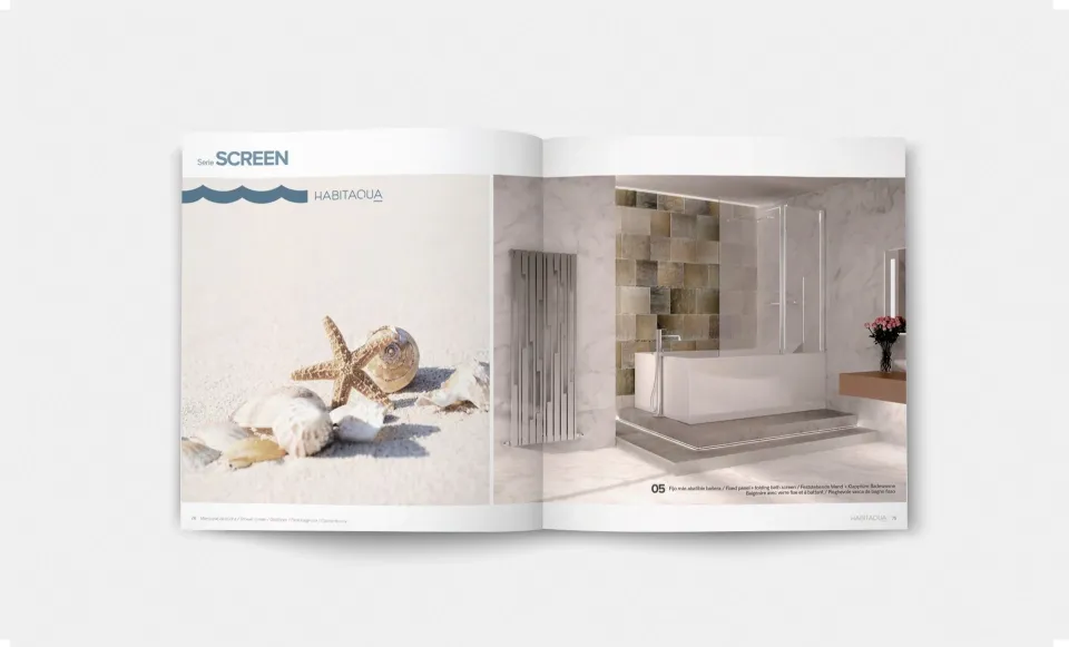 Spread from the Screen range with decorative shells and a tiled bathroom with a shower screen