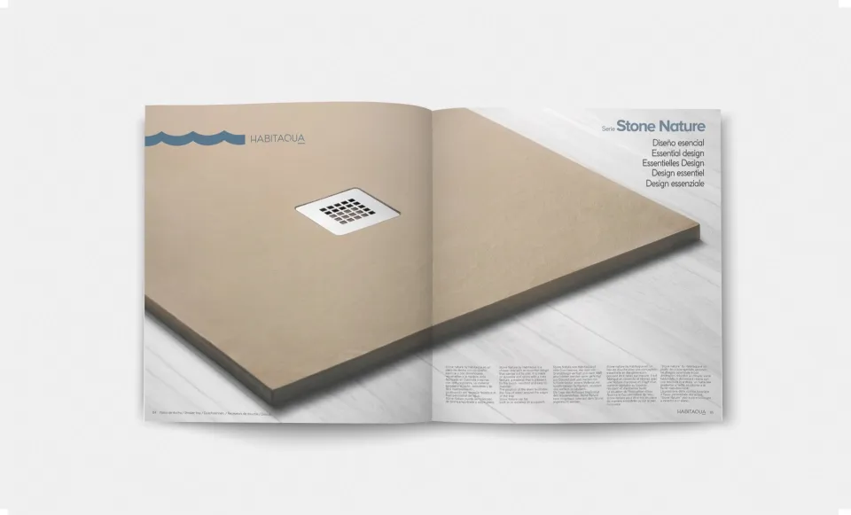 Spread from the Stone Nature range with a close-up of a sand-toned shower tray