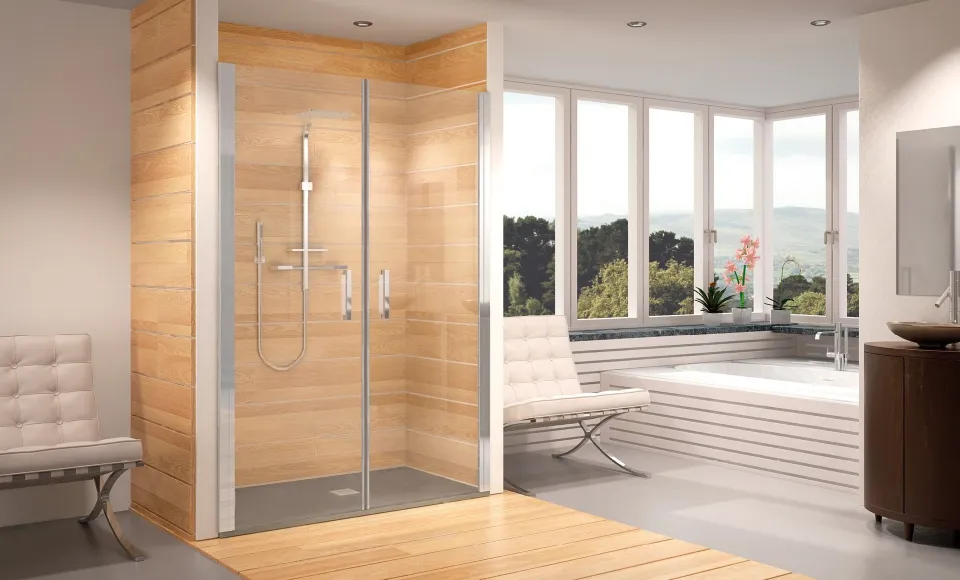 3D render of a bathroom with a wood-clad walk-in shower, a bathtub and windows overlooking mountains