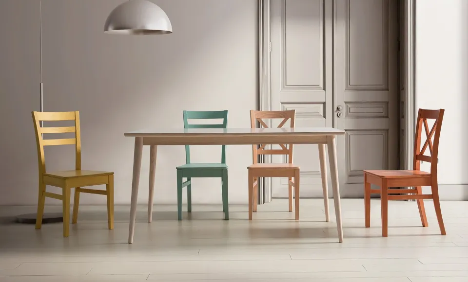 Wooden dining table with five chairs, each in a different colour