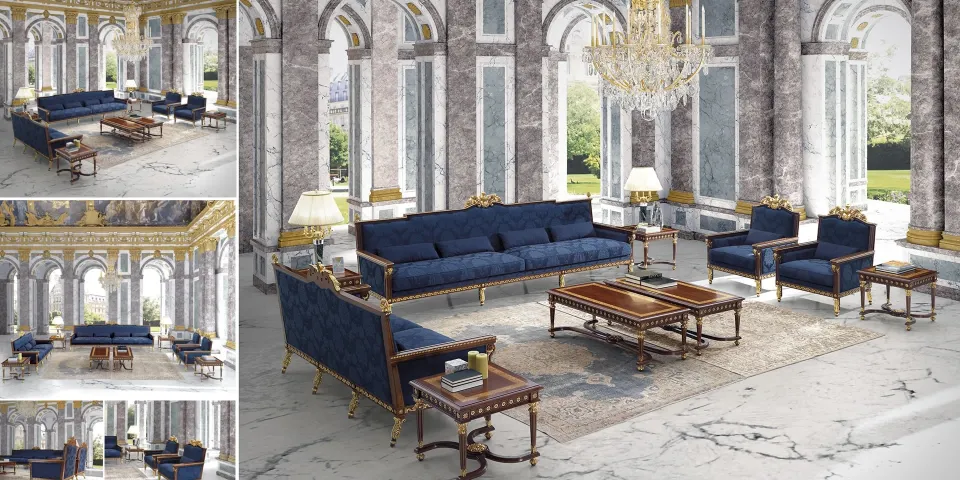 Composición de fotos de un salón clásico con juegos de sofás azules y dorados de Koher