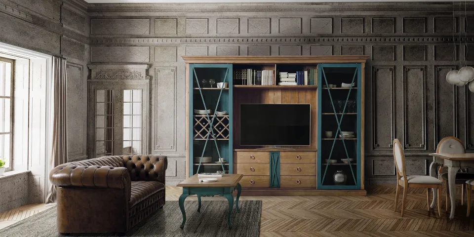 Wood-and-blue living-room unit with a television, beside a leather chesterfield sofa