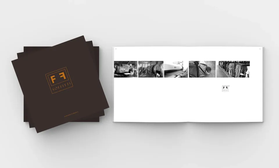 Closed 'FF Soffitte' catalogue beside a page with a strip of black-and-white photographs
