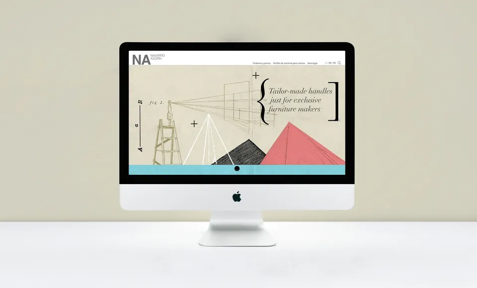 Navarro Azorín website on an iMac with a geometric illustration and a quote about made-to-measure handles
