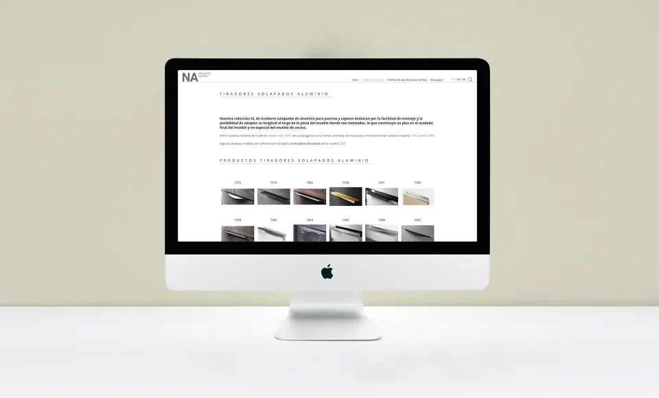 Navarro Azorín website showing the list of aluminium handles on an iMac