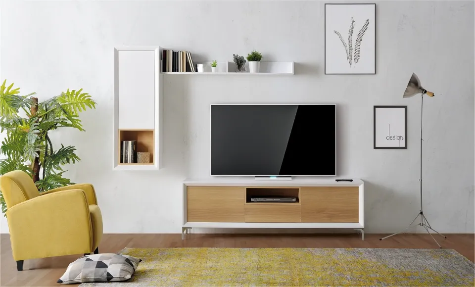 Novas living-room unit with a TV, shelving and a yellow armchair