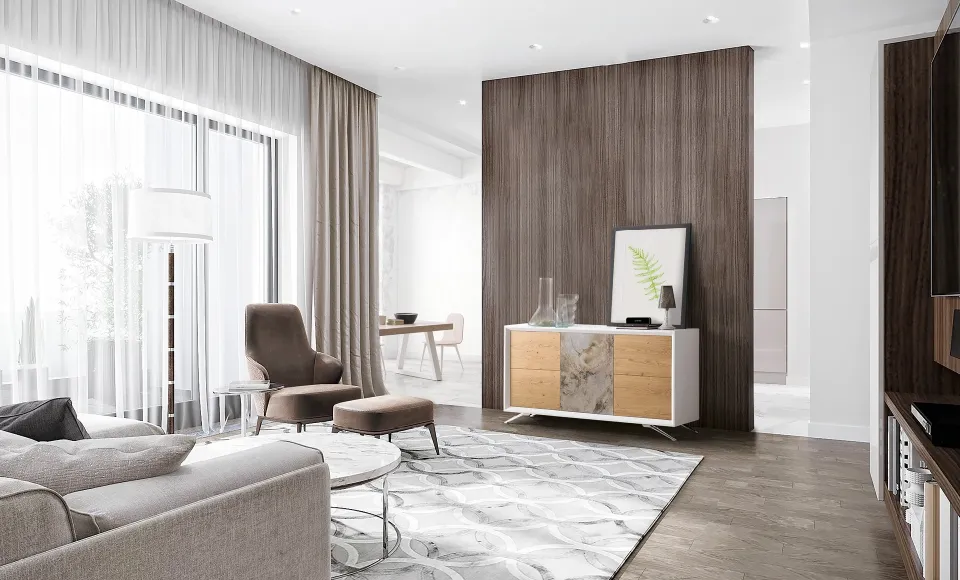 Novas living room with a dark wood panelled wall and a marble-fronted sideboard