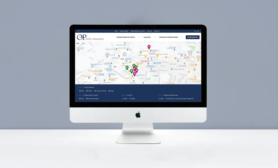 Mapa de propiedades de Ortiz Panadero en su web, con marcadores de ubicación