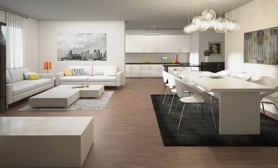 Render 3D de un salón comedor de Ortiz Panadero con sofás blancos y mesa de comedor
