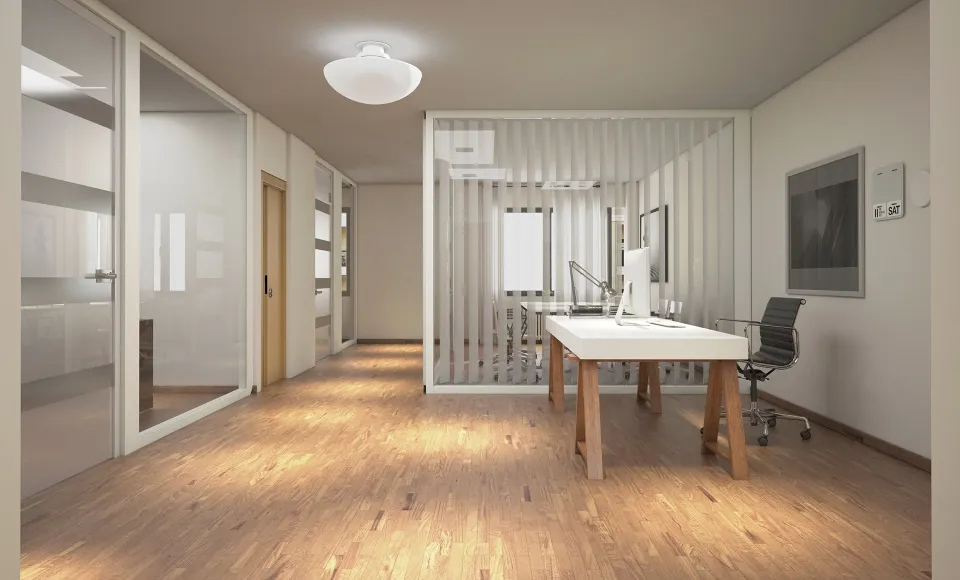 3D render of an office with a wood desk and glass partitions