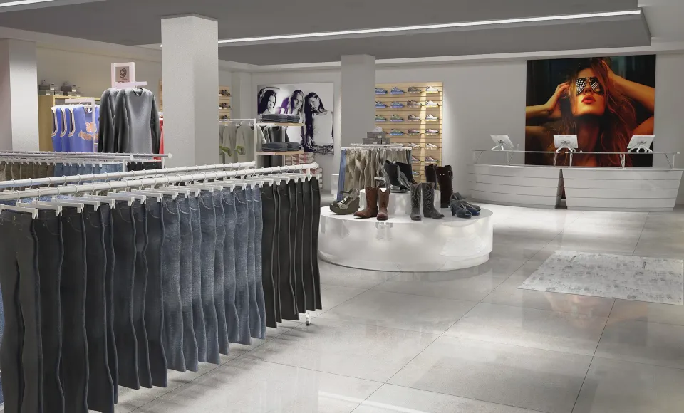 3D render of a clothing shop with a jeans display and boots