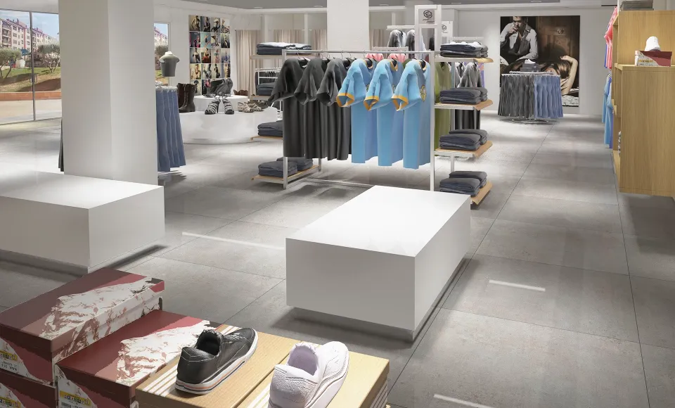 3D render of a clothing shop with shirts and shoes on white tables