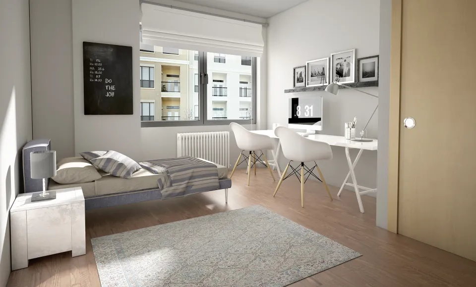 3D render of a bedroom with a single bed and a desk area by the window