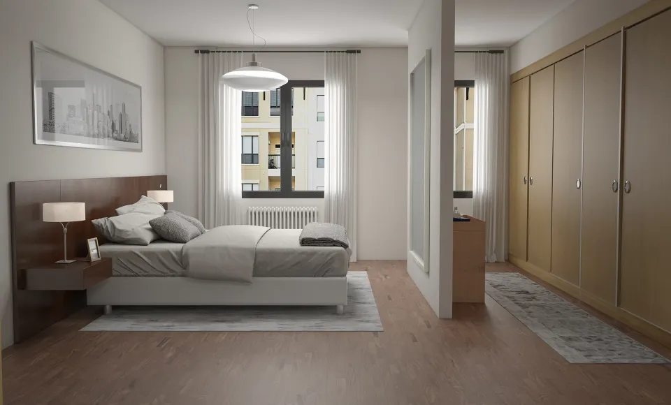3D render of a bedroom with a double bed and wardrobe beside the window
