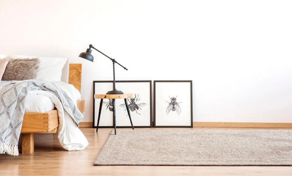 Bedroom corner with a wooden bed, framed insect prints and a beige rug