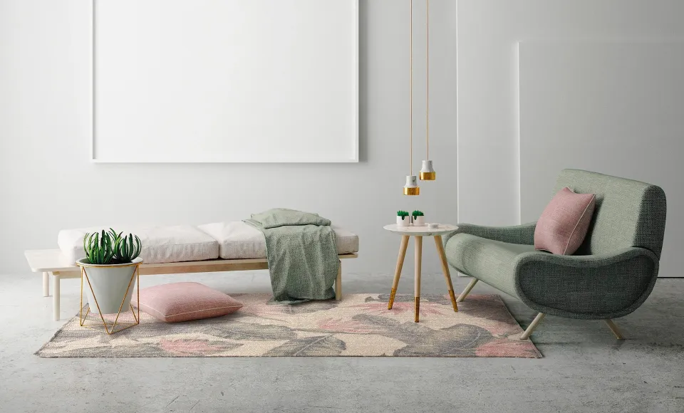 Living room with an upholstered bench, a green armchair and a pink rug by Parentesi Quadra