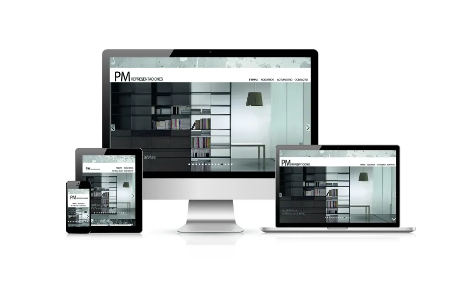 PM Representaciones website on several devices showing a designer bookshelf