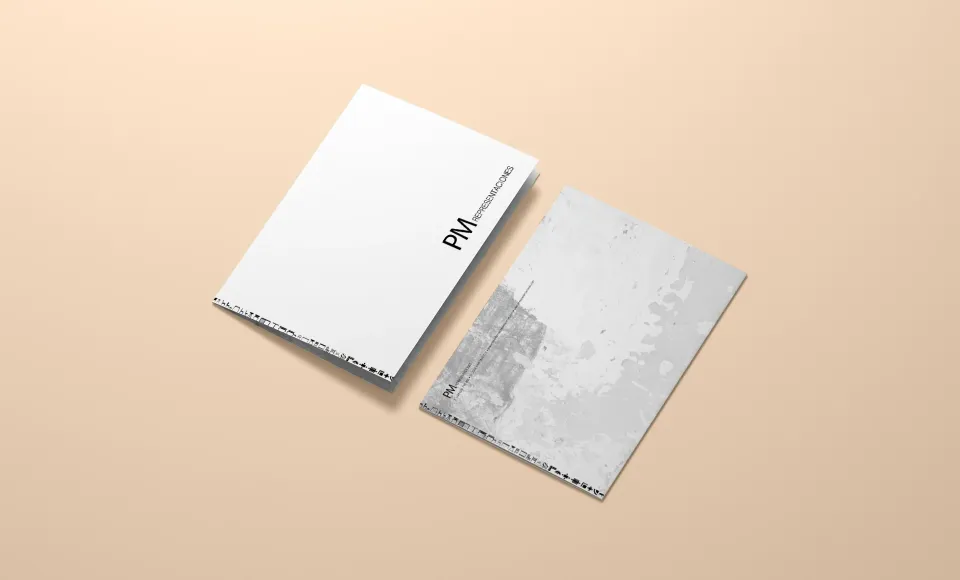 PM Representaciones folder with a stone-textured back cover