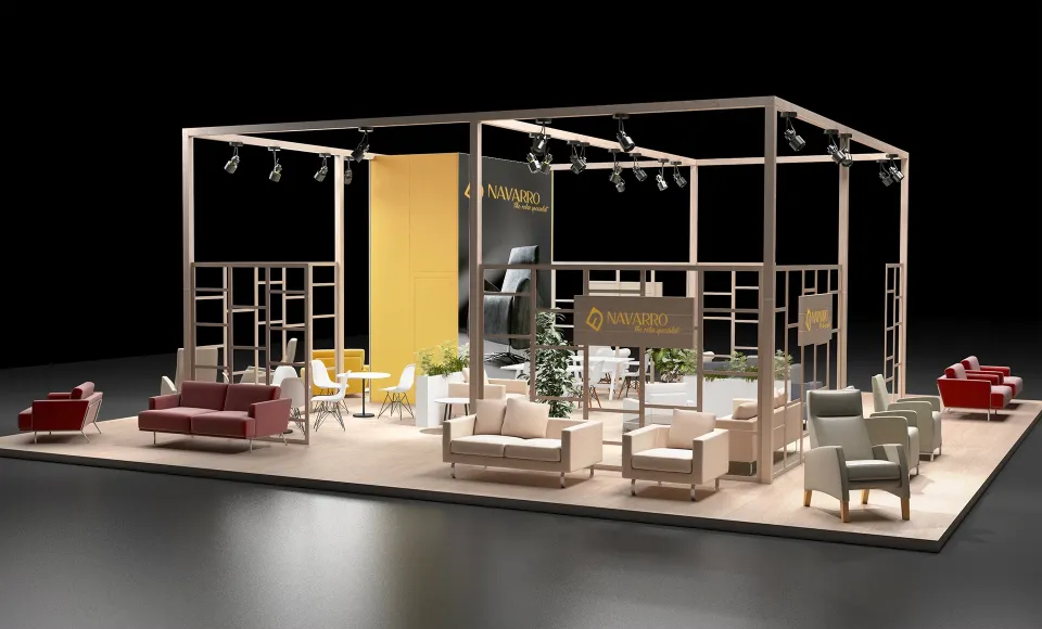 3D render of the Navarro trade fair stand, with a black frame structure and sofas beside a yellow panel