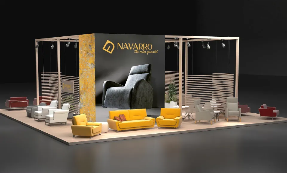 Render of the Navarro stand with the logo on a yellow wall and yellow sofas in the foreground
