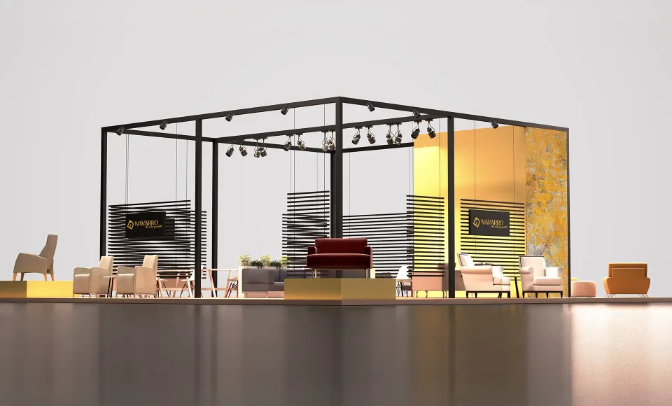 Render of the Navarro stand with wood-slat panels and a red sofa at the centre