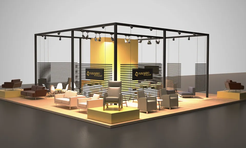 Render from another angle of the Navarro stand with armchairs displayed under the lighting rig