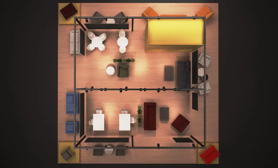 Overhead render view of the Navarro stand showing the full furniture layout