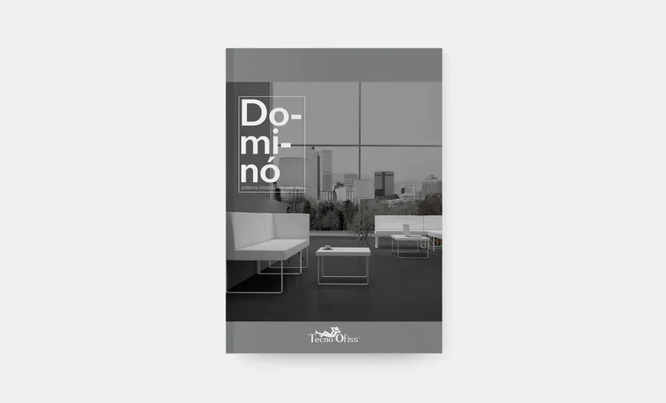 Cover of the Tecno Offis Dominó catalogue featuring office furniture in grey tones