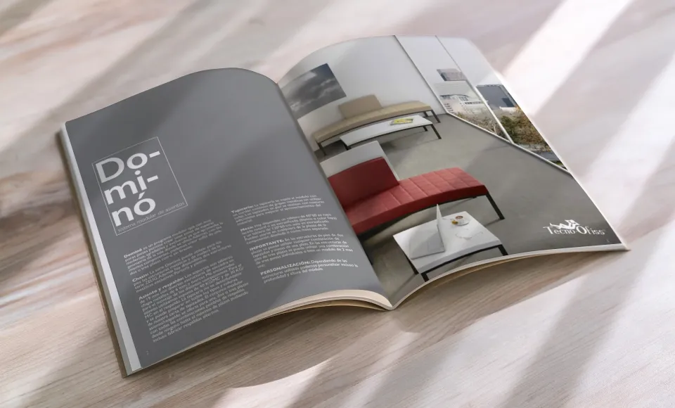 Tecno Offis's Dominó catalogue open at the title spread, showing a red bench in an office waiting area