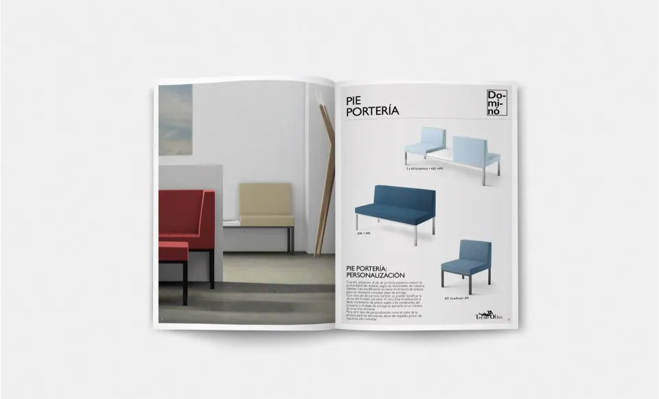 Page from the Dominó catalogue showing grey and blue upholstered chairs from the 'Pie portería' range