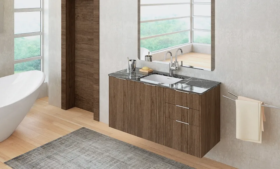 Wood-look bathroom vanity with two integrated basins and a mirror, beside a white freestanding bathtub