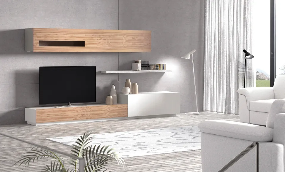 Salón con mueble de televisión en madera, estante blanco y un sofá blanco