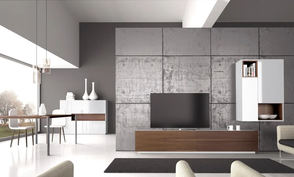 Salón comedor con pared de paneles grises, mueble de televisión en nogal y armario blanco
