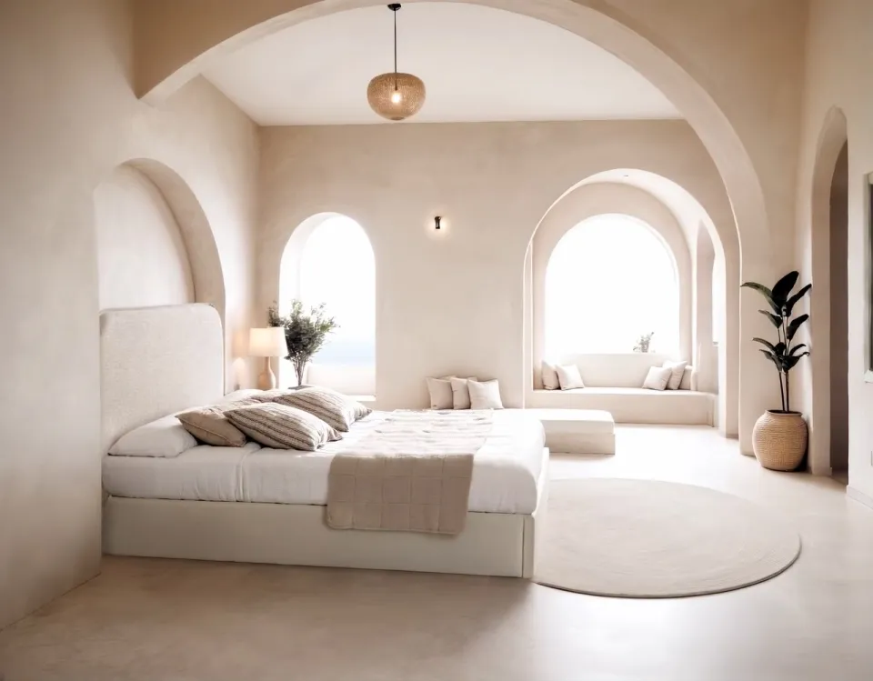 Video created from a single image: a light-walled bedroom with arches and an upholstered bed.